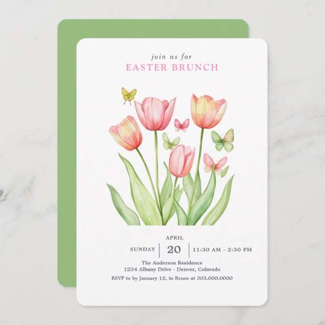 Convite Coelho Coelho das Tulipas de Aquarela Rosa (Frente/Verso)