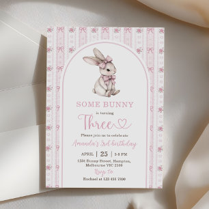 Convite Coelho com Laço Rosa Vintage Coelho 3º Aniversário
