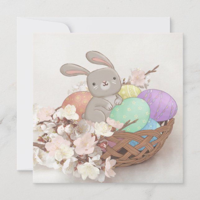 Convite Coelho da Páscoa, Ilustração de Ovos e Flores da P (Frente)