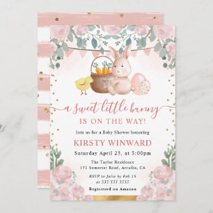 Convite Coelho de Aquarela e Chá de fraldas de Flores Rosa