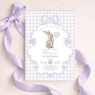 Convite Coelho de Gingham com Laço Roxo para 1º Aniversári