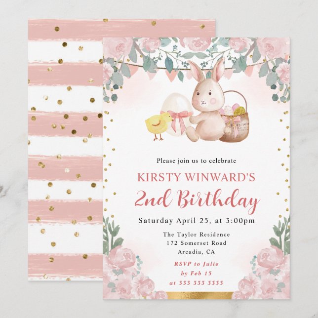 Convite Coelho de Páscoa em Aquarela e Flores de Aniversár (Frente/Verso)