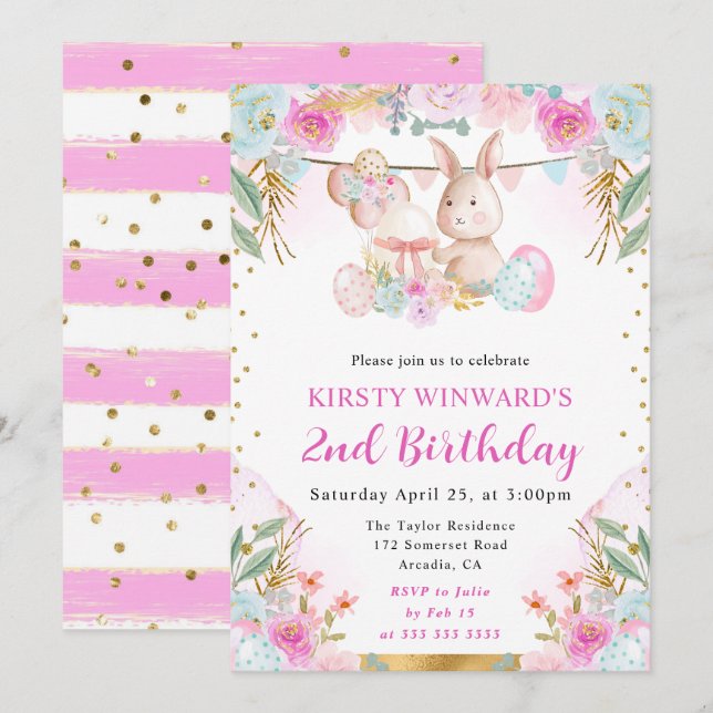 Convite Coelho de Páscoa em Aquarela e Flores de Aniversár (Frente/Verso)