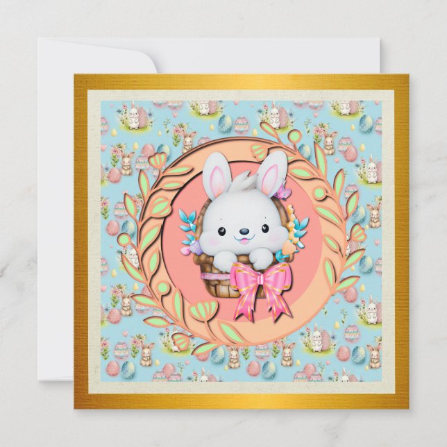 Convite Coelho de Páscoa Fofo Sentado na Cesta (Frente)