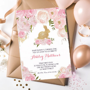 Convite Coelho Dourado Floral Rosa Aniversário