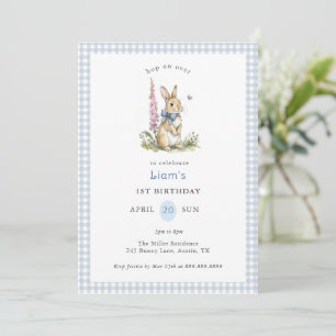Convite Coelho em aquarela azul Gingham menino 1º Aniversá