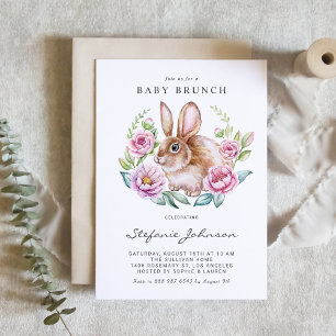 Convite Coelho em Aquarela e Flores Rosas Brunch de Bebê