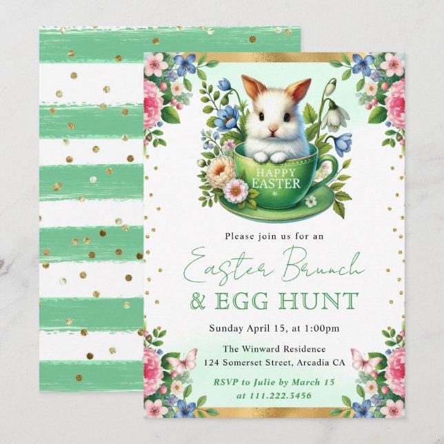 Convite Coelho em Aquarela Flores da Primavera Brunch de P (Frente/Verso)