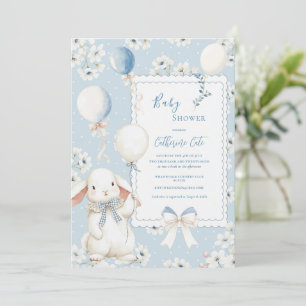 Convite Coelho Floral Azul com Balões Elegante Bebê