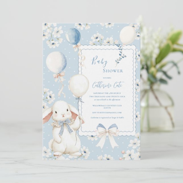 Convite Coelho Floral Azul com Balões Elegante Bebê (Em pé/Frente)