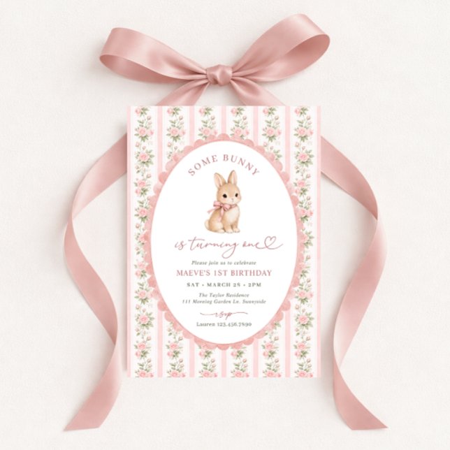 Convite Coelho Floral Rosa 1º Aniversário (Criador carregado)