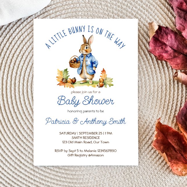 Convite Coelho Peter com bolota chá de fraldas (Peter rabbit fall themed baby shower template invitation digital download a cute bunny blue jacket)