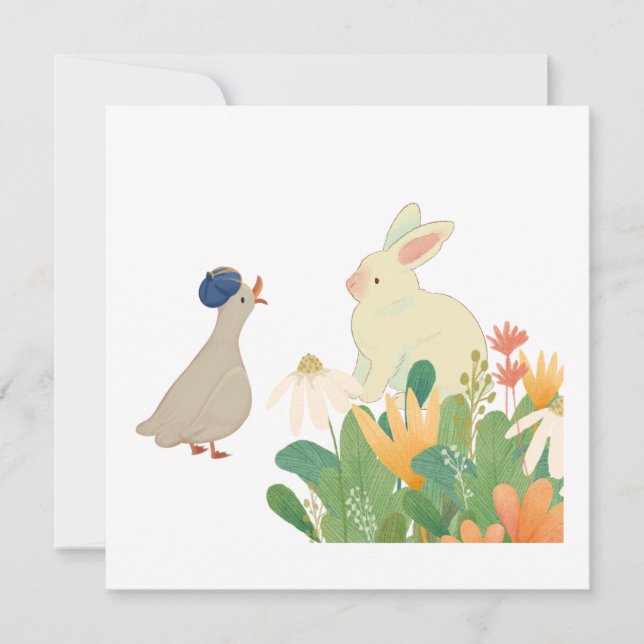 Convite Coelho Whimsical & Pássaro em Sangue - Primavera (Frente)