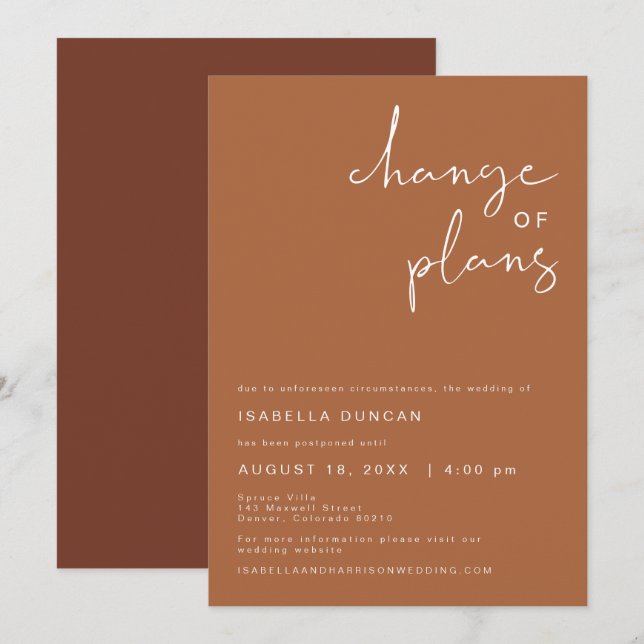Convite COENTRO Boho Terracotta Casamento Mudança de Plano (Frente/Verso)