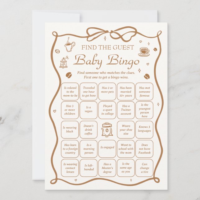 Convite Coffee Baby Shower Find the Guest Bingo Game Card (Frente)