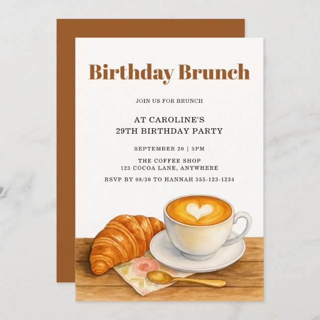Convite Coffee & Croissant 29th Adult Birthday Brunch (Frente/Verso)