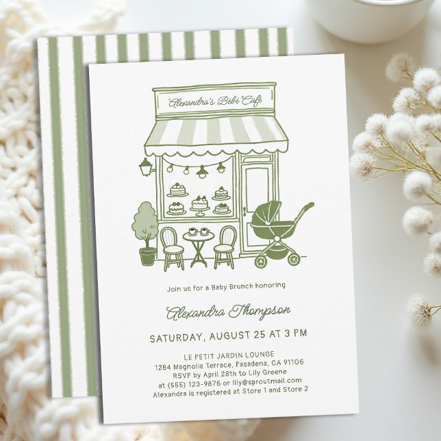 Convite Coffee Lover Bebe Brewing Brunch Green Baby Shower (baby shower brunch invitation coffee theme brewing olive green bistro hand drawn modern chic)