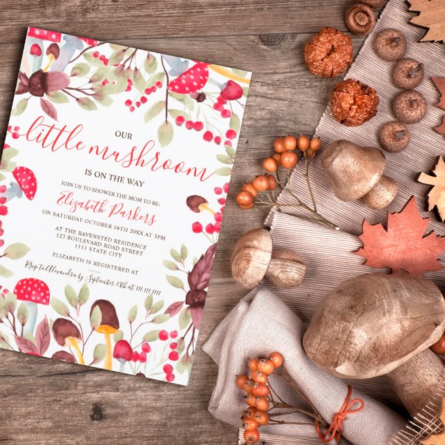 Convite Cogumelo-aquarela chá de fraldas florestal rústico (Criador carregado)