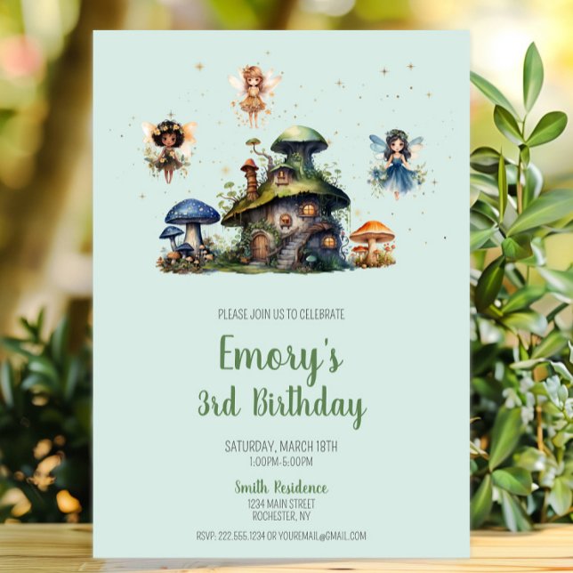 Convite Cogumelo de aniversário de 3 anos de Fada Encantad (Enchanted Fairy 3rd Birthday Mushroom Invitation, Whimsical Fairy Garden Invite, Woodland Pixie)