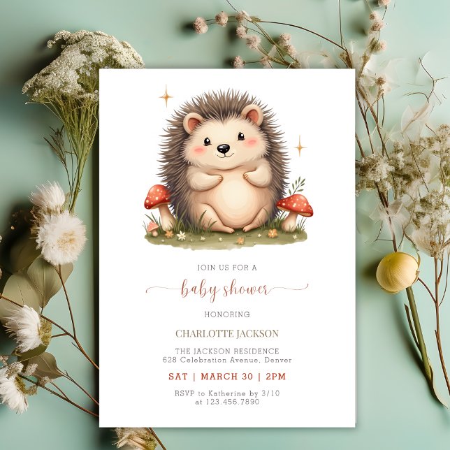 Convite Cogumelos Aquarelas Chá de fraldas de Porte (Watercolor Mushrooms Cute Hedgehog Baby Shower Invitation)