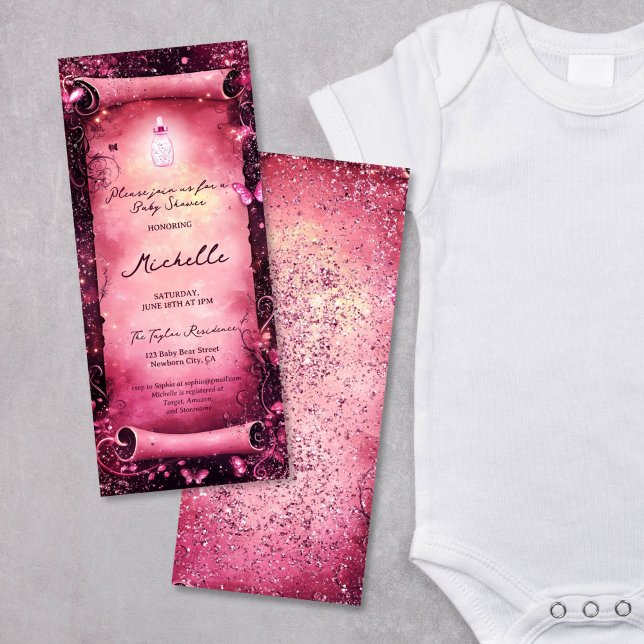 Convite Cogumelos Borboleta Floresta Encantada Namorada Be (magic pink glitter enchanted forest parchment scroll)