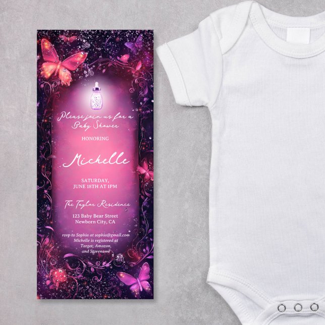 Convite Cogumelos Borboleta Floresta Encantada Namorada Be (pink enchanted forest with scroll parchment and butterflies)