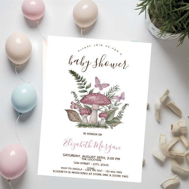 Convite Cogumelos Borboleta Listras Rosa Baby Shower   (Criador carregado)