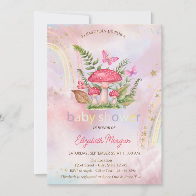Convite Cogumelos Borboletas Arco-íris Floral Chá de Bebê (Frente)