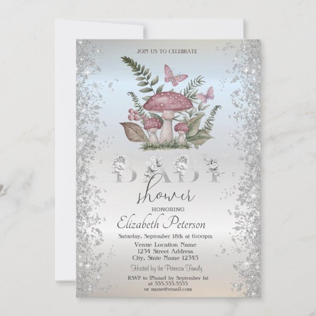 Convite Cogumelos Brilhantes Borboletas Chá de fraldas pra (Frente)