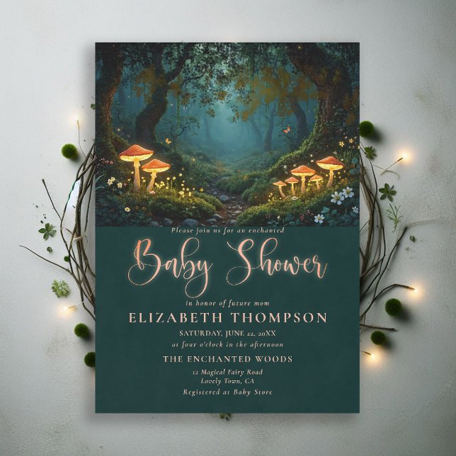 Convite Cogumelos da Floresta Encantada Churrasco do Bosqu (enchanted forest baby shower theme invitation magical fairy tale mushrooms woodland wildflowers)