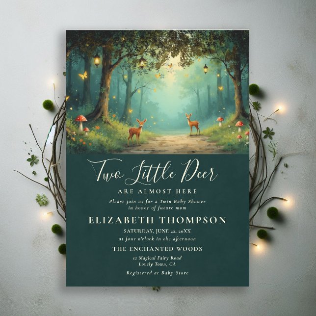 Convite Cogumelos da Floresta Encantada Gêmeos dos Cervos  (twins baby shower theme invite enchanted forest magical fairy tale mushrooms woodland deer emerald)