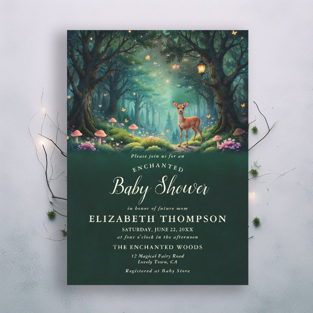 Convite Cogumelos da Floresta Encantada Veado Verde Chá de (enchanted forest baby shower theme invite pink glowing mushrooms lantern woodland deer emerald)