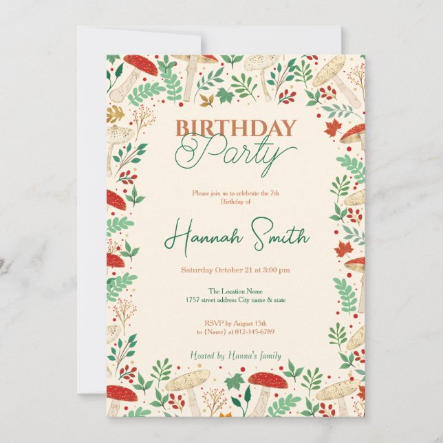 Convite Cogumelos de queda e ilustração de folhas (Frente)