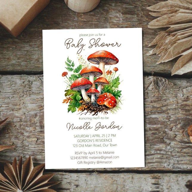 Convite Cogumelos florestais selvagens chá de fraldas (Wild forest red mushrooms green fern baby shower invitation editable template instant download )