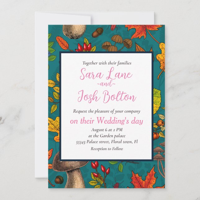 Convite Cogumelos, folhas, loucos e bagas de outono, em az (Frente)