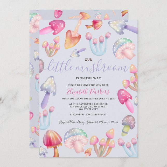 Convite Cogumelos pastel Cu chá de fraldas (Frente/Verso)
