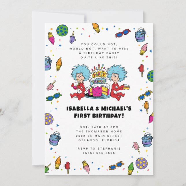 Convite Coisa Um Coisa Dois | Gêmeos Confete Aniversário (Frente)