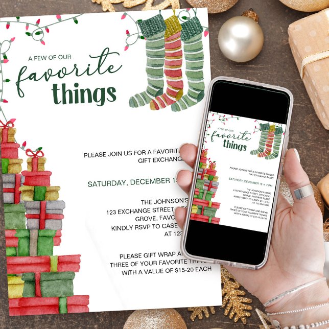Convite Coisas Favoritas e Apresenta Férias (Favorite Things Holiday Gift Exchange Party Invitation)