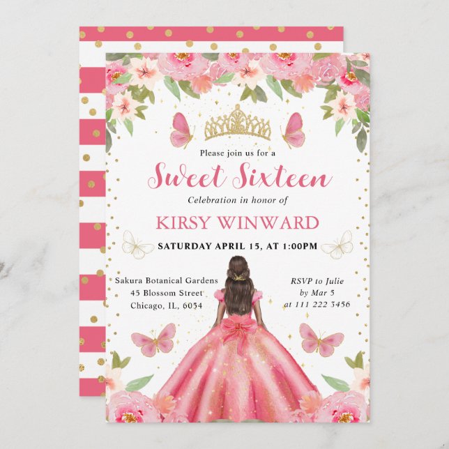 Convite Cola Rosa Escura Princesa Negra Princesa Doce 16 (Frente/Verso)