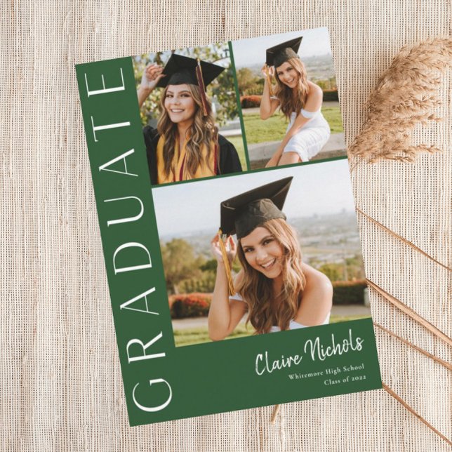 Convite Colação de Grau Colagem de Fotos Vertical Moderna  (Green Modern Typography 3 Photo Graduation Invitations.)