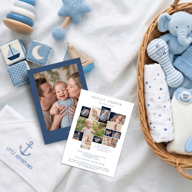 Convite Colagem Azul Clássica para Primeiro Aniversário de (Modern Minimalist Blue Baby First Birthday Invitation Card Featuring An Elegant Twelve Photo Collage)
