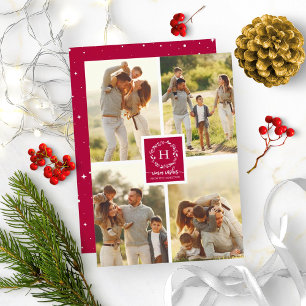 Convite Colagem de 4 Fotos com Desejos de Natal Monograma