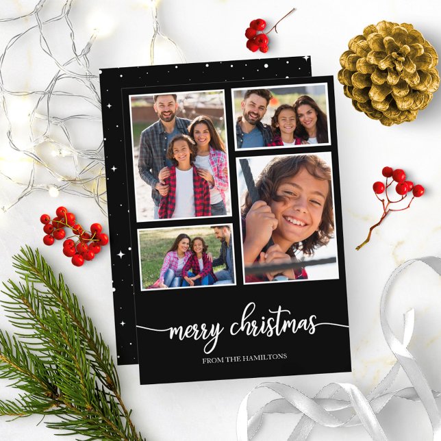 Convite Colagem de 4 Fotos Cute Script Natal Feliz Preto (Criador carregado)