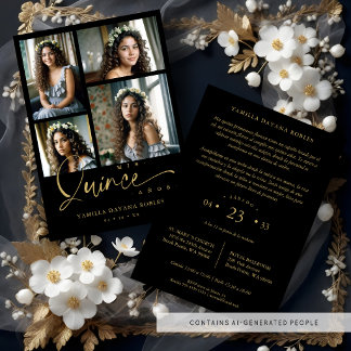 Convite Colagem de 4 Fotos de Quinceañera Tendência Preta 