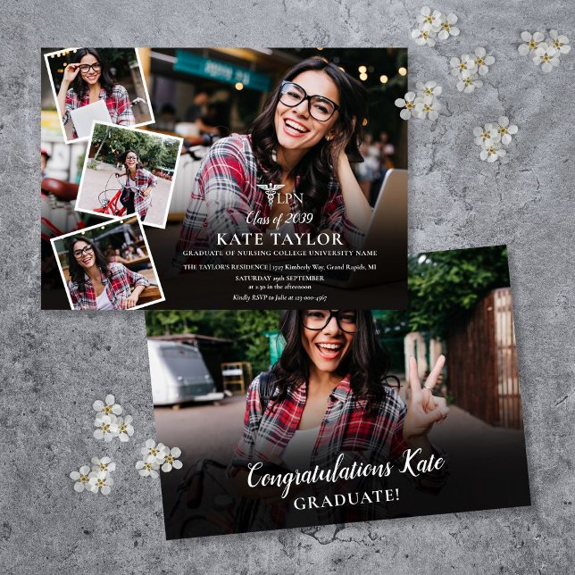 Convite Colagem de 5 fotos para festa de formatura de enfe (LPN Nursing 5 Photo Collage Graduation Party Invitation)