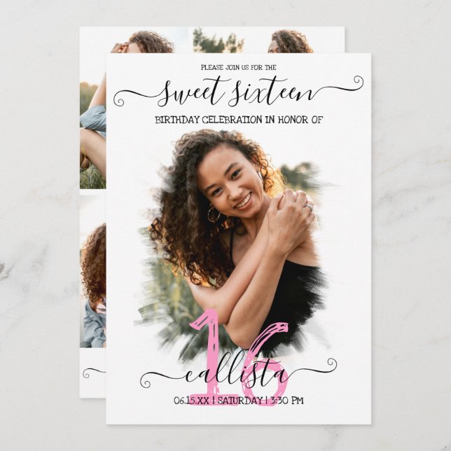 Convite Colagem de Foto Branco Cor-de-Rosa Negra Docente 1 (Frente/Verso)