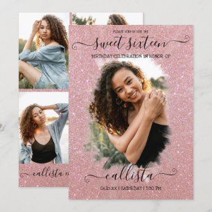 Convite Colagem de Foto Halo com Lítio Dourado rosa 16