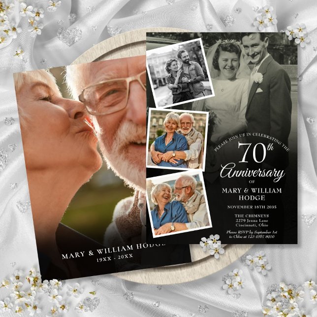 Convite Colagem de Fotografias do Aniversário de Casamento (70th Wedding Anniversary 5 Photo Collage Invitation)