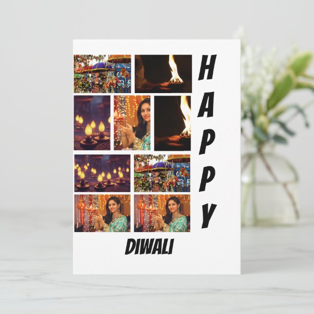 Convite Colagem de Fotografias Moderna Diwali 9 Personaliz (Em pé/Frente)