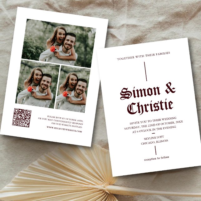 Convite Colagem de Fotos Antigas em Burgundy com Código QR (Vintage burgundy photo collage QR code invitation blends memories with seamless wedding details.)